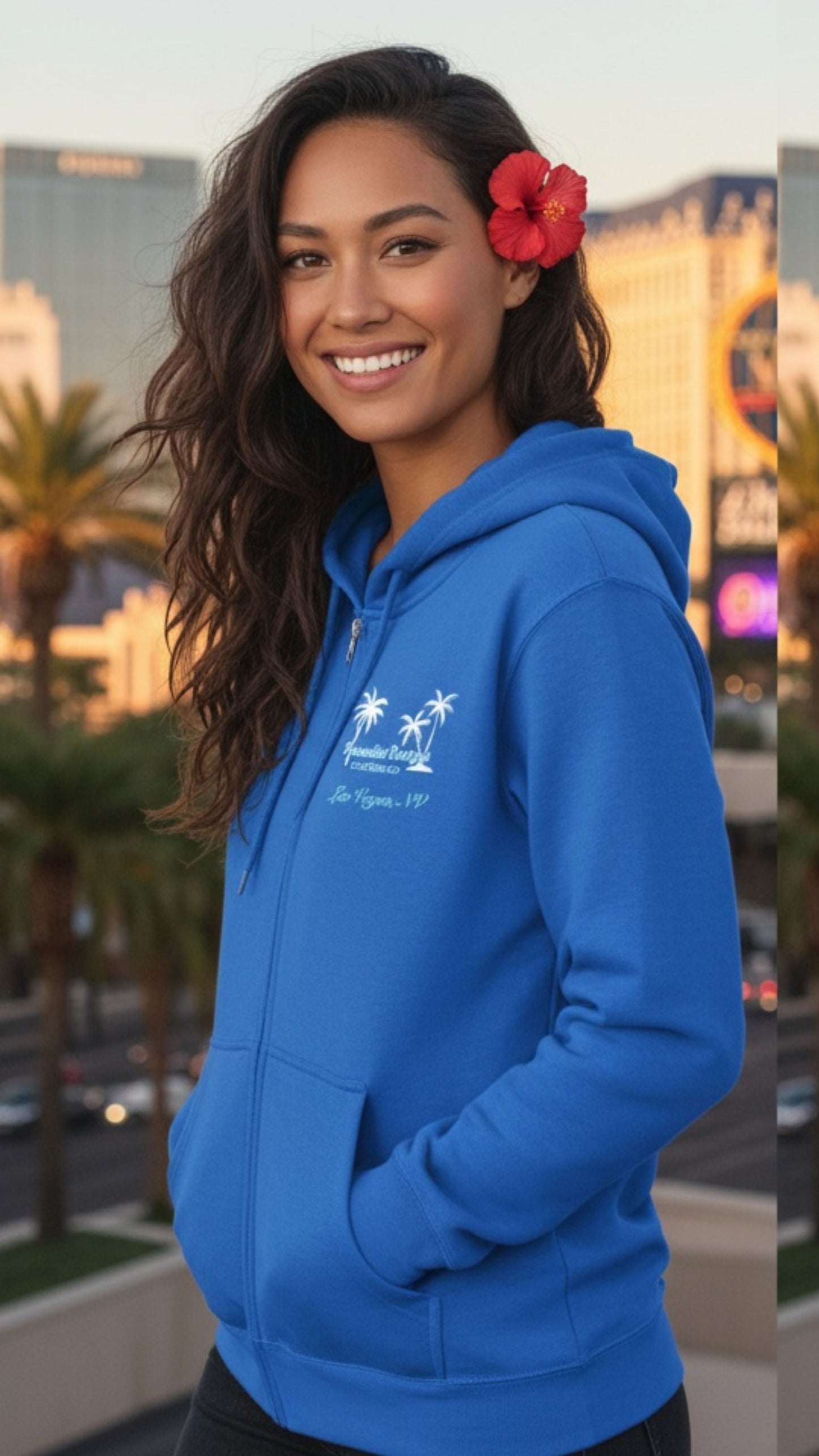 Las Vegas Full Zip Hoodie - Paradise Blue w White Palms