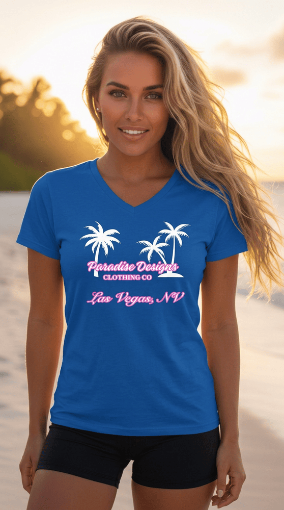 Women's V-Neck Tee - Paradise Pink w/White Palms Las Vegas