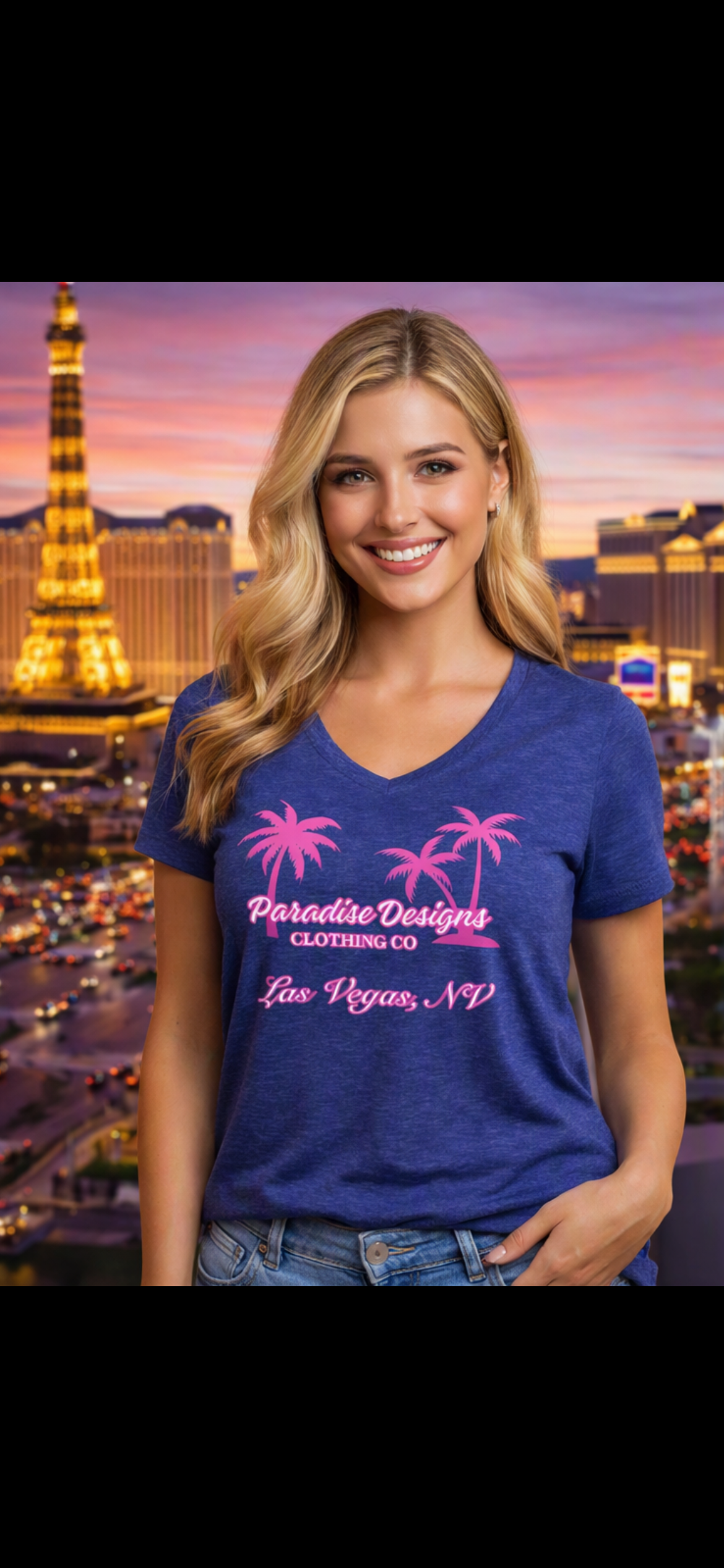 Women's V-Neck Tee - Paradise Las Vegas Pink Palms