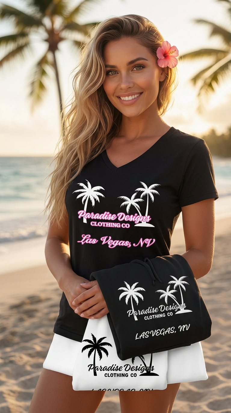 Women's V-Neck Tee - Paradise Pink w/White Palms Las Vegas
