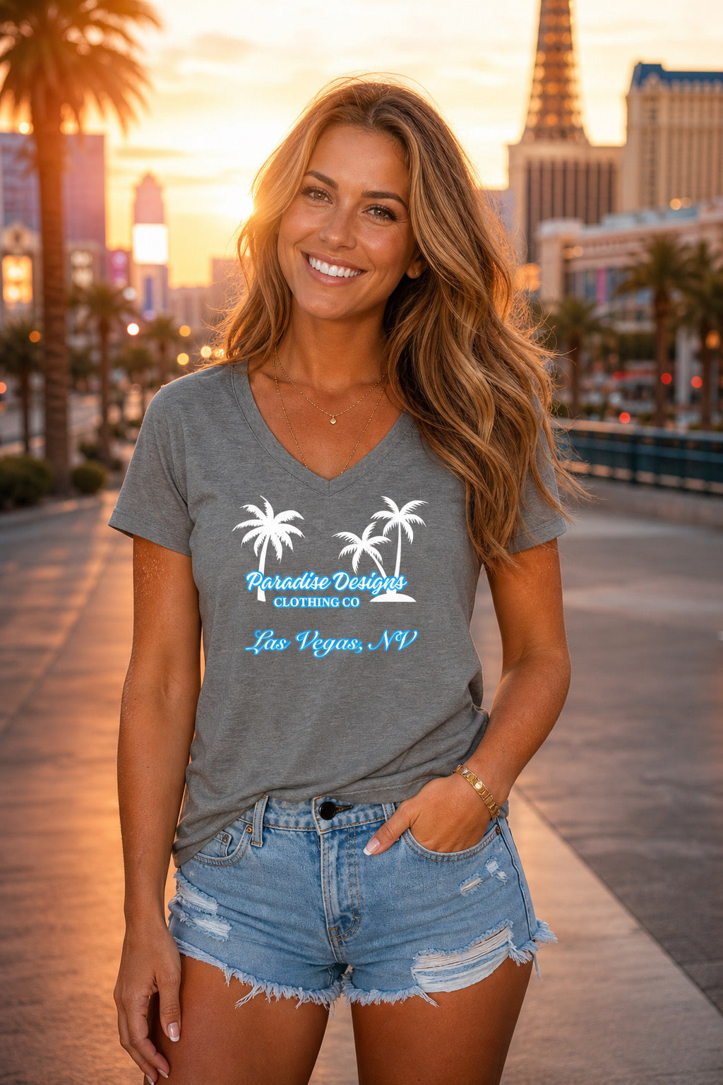 Women's V-Neck Tee - Paradise Las Vegas Blue w/White Palms