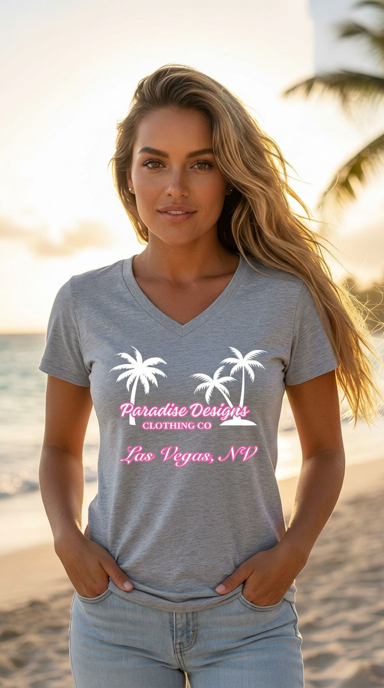 Women's V-Neck Tee - Paradise Pink w/White Palms Las Vegas