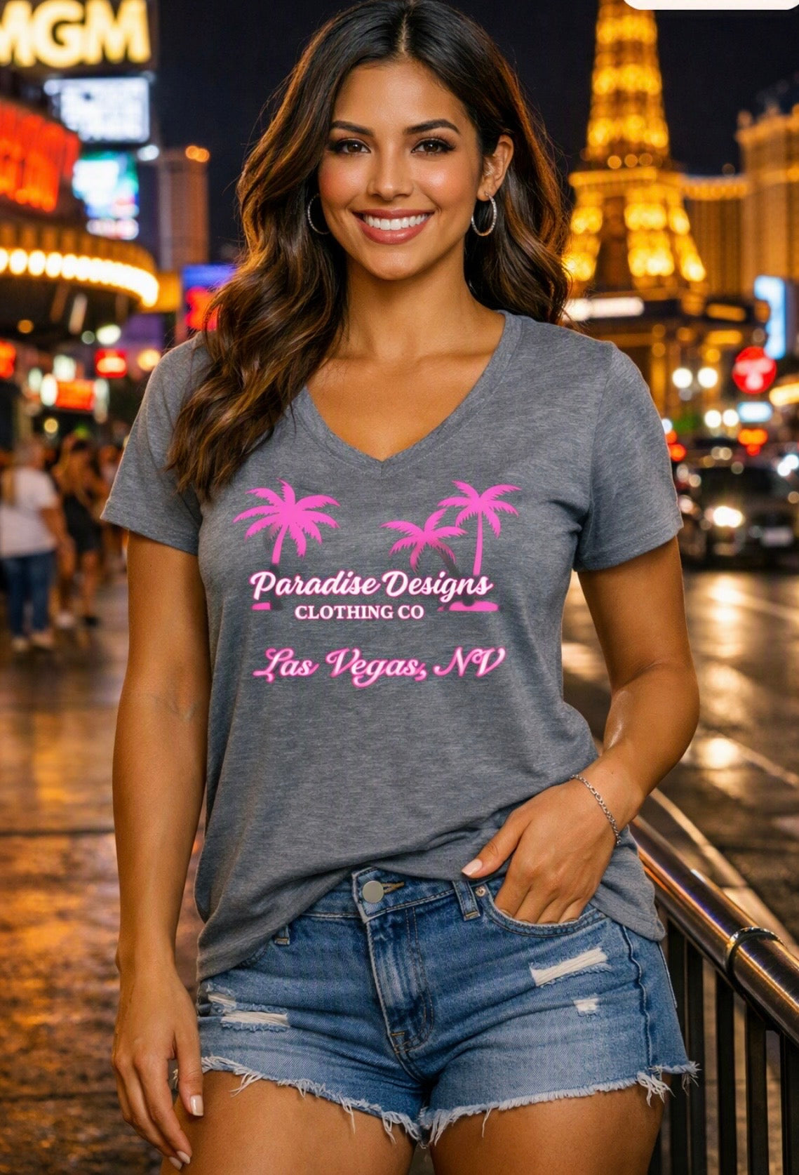 Women's V-Neck Tee - Paradise Las Vegas Pink Palms