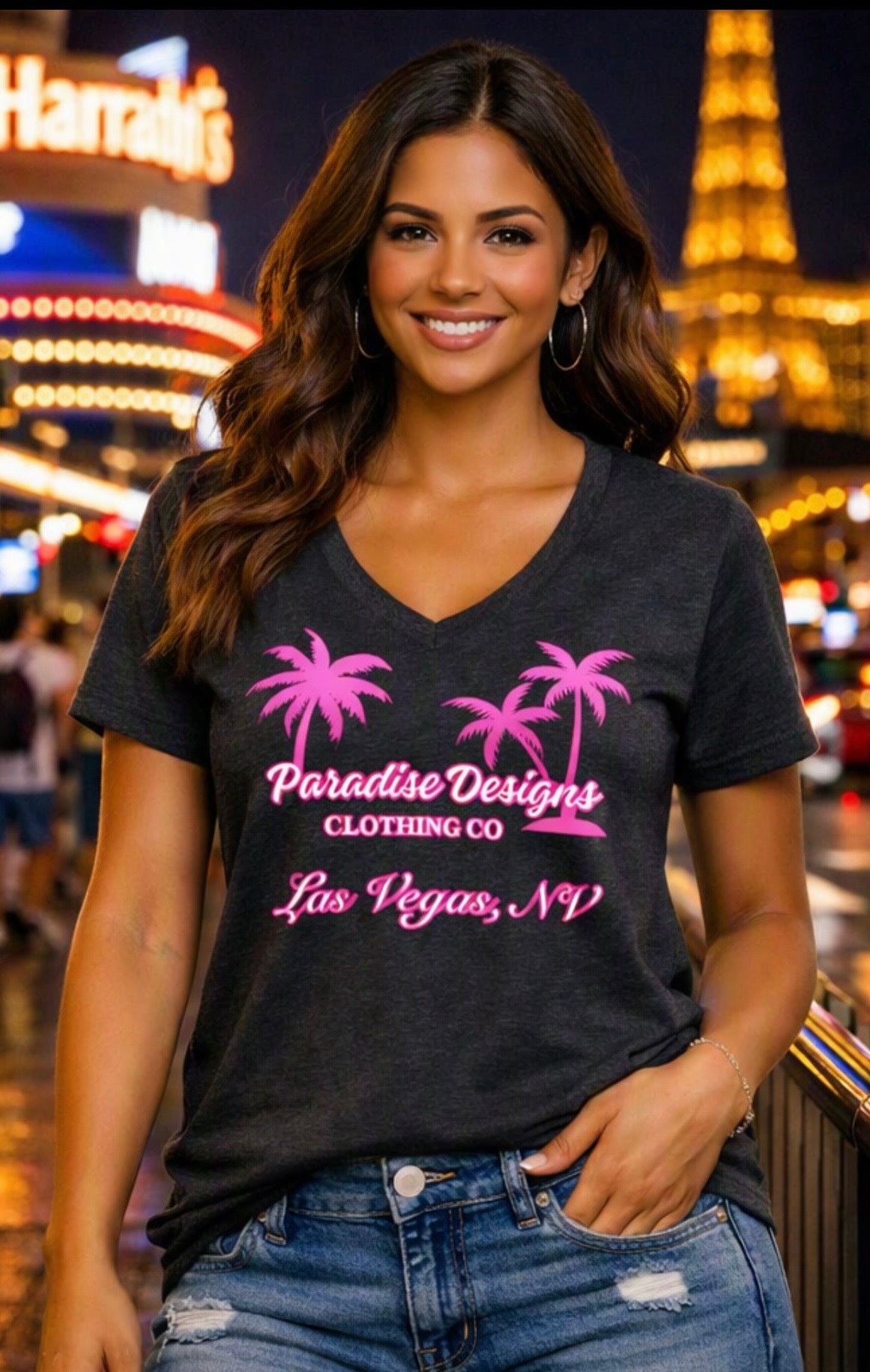 Women's V-Neck Tee - Paradise Las Vegas Pink Palms