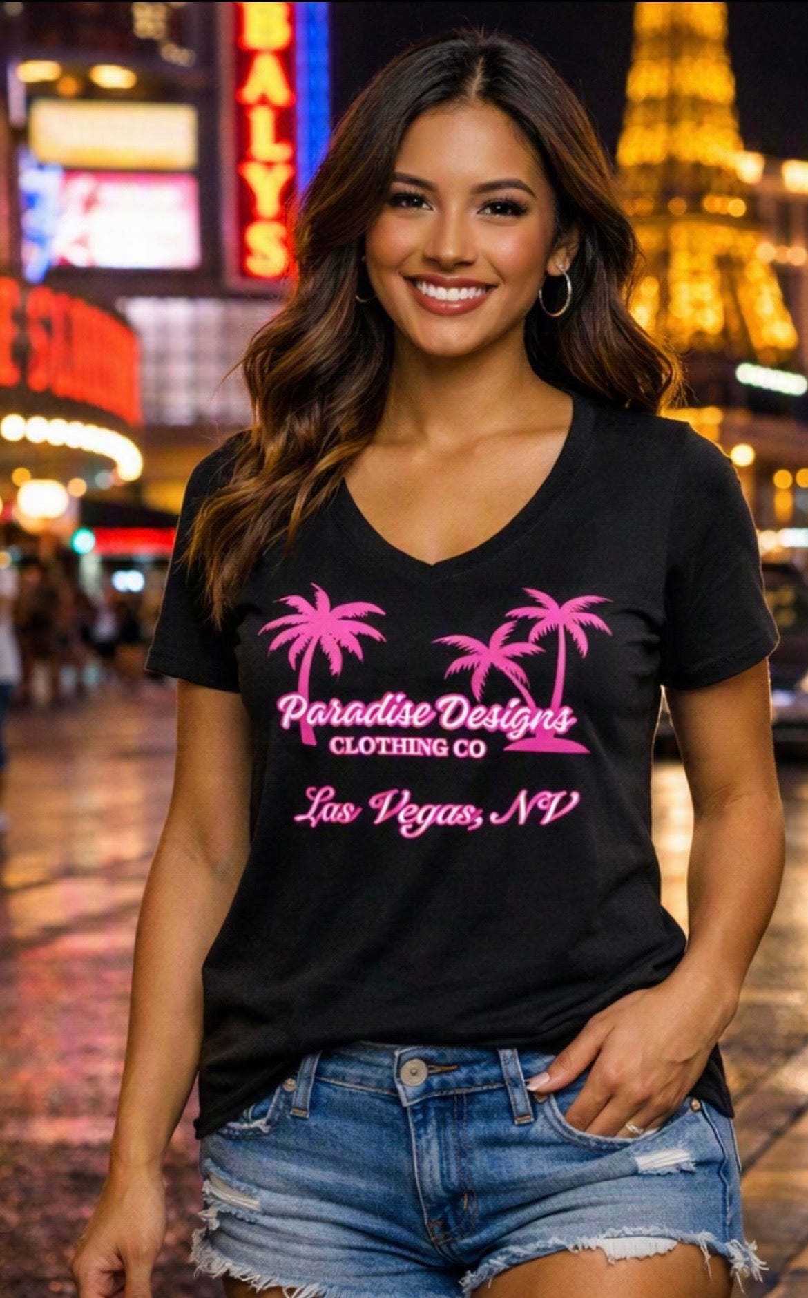 Women's V-Neck Tee - Paradise Las Vegas Pink Palms