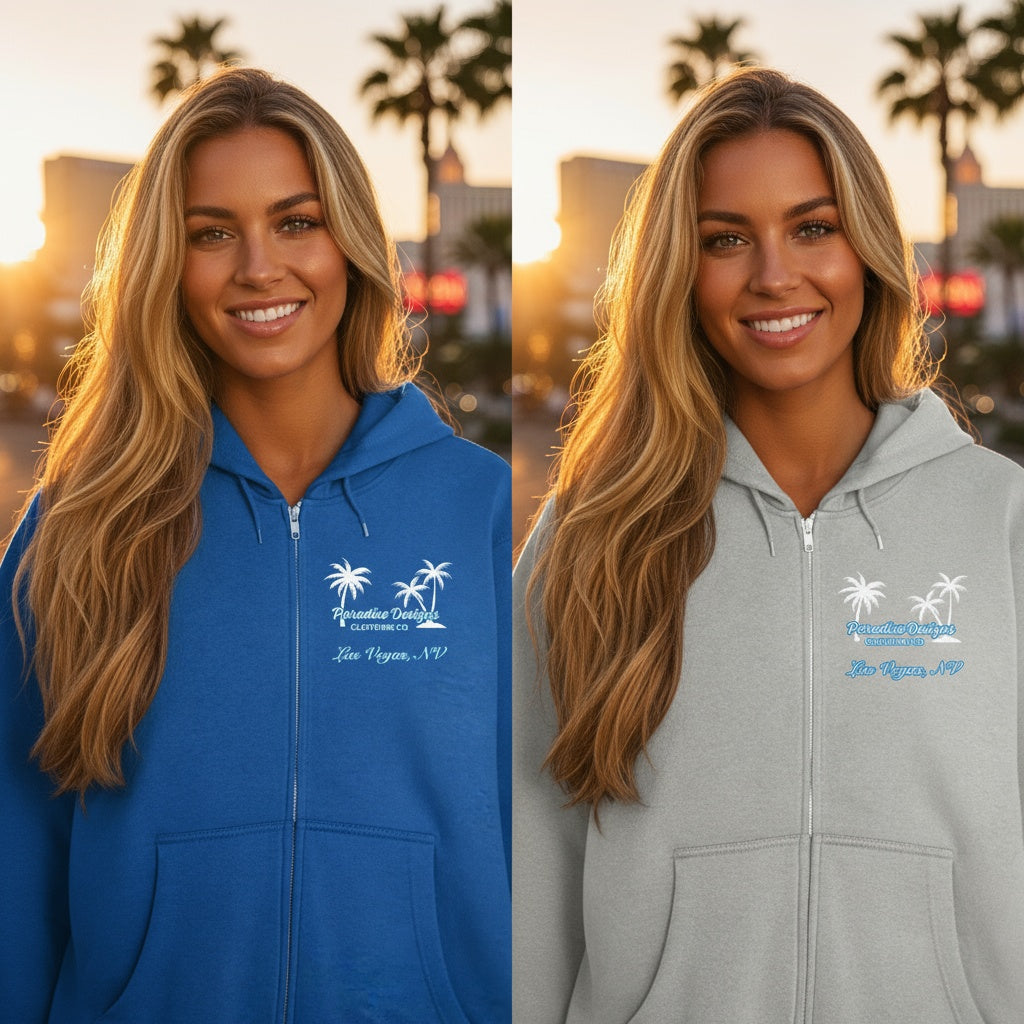 Las Vegas Full Zip Hoodie - Paradise Blue w White Palms