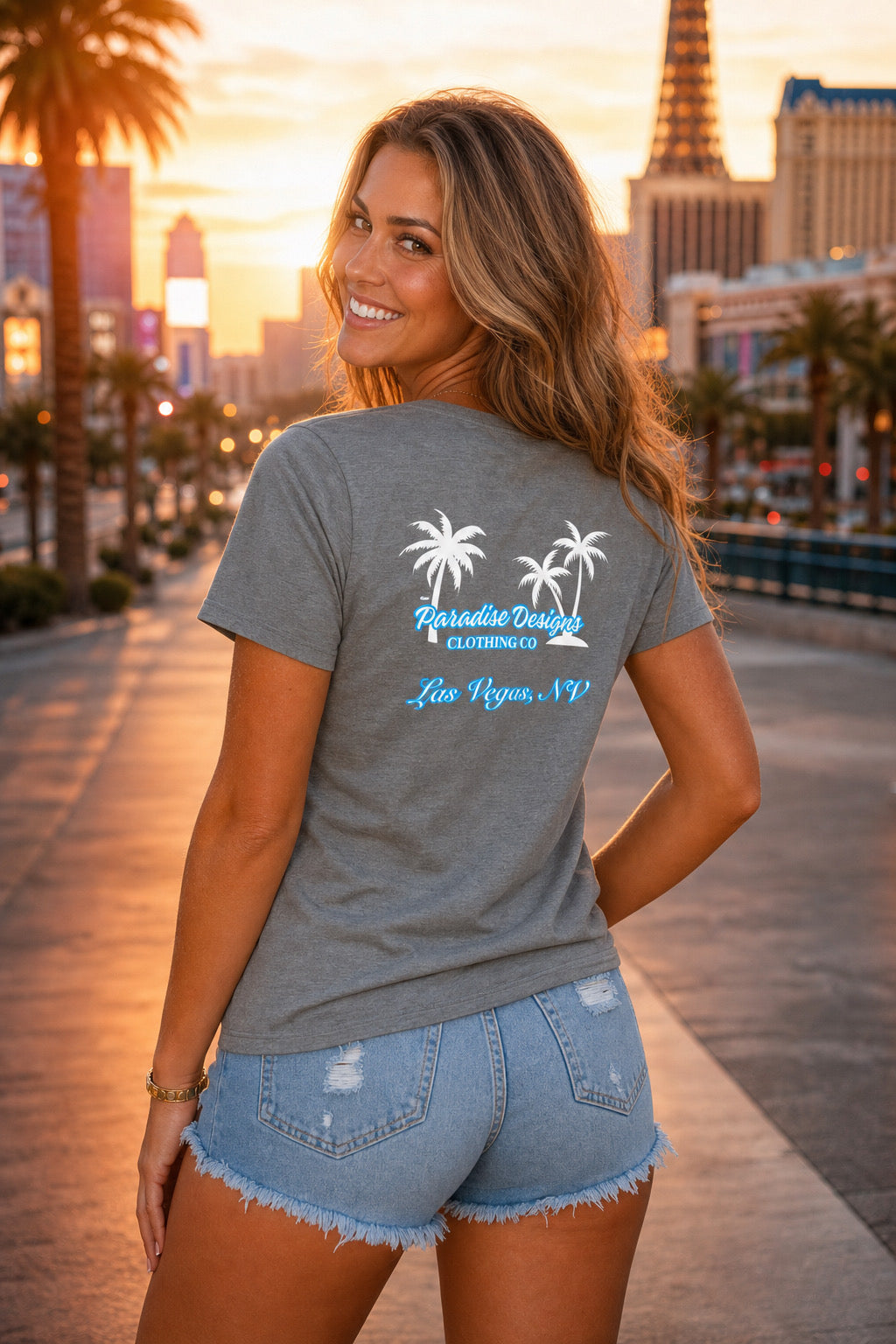 Women's V-Neck Tee - Paradise Las Vegas Blue w/White Palms