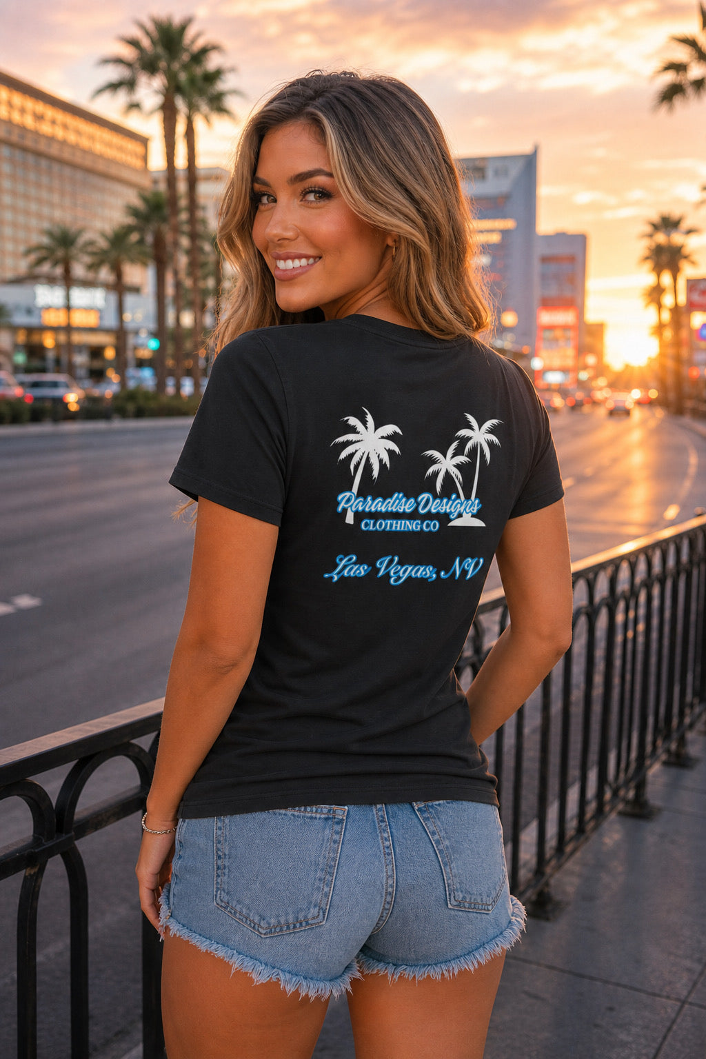 Women's V-Neck Tee - Paradise Las Vegas Blue w/White Palms