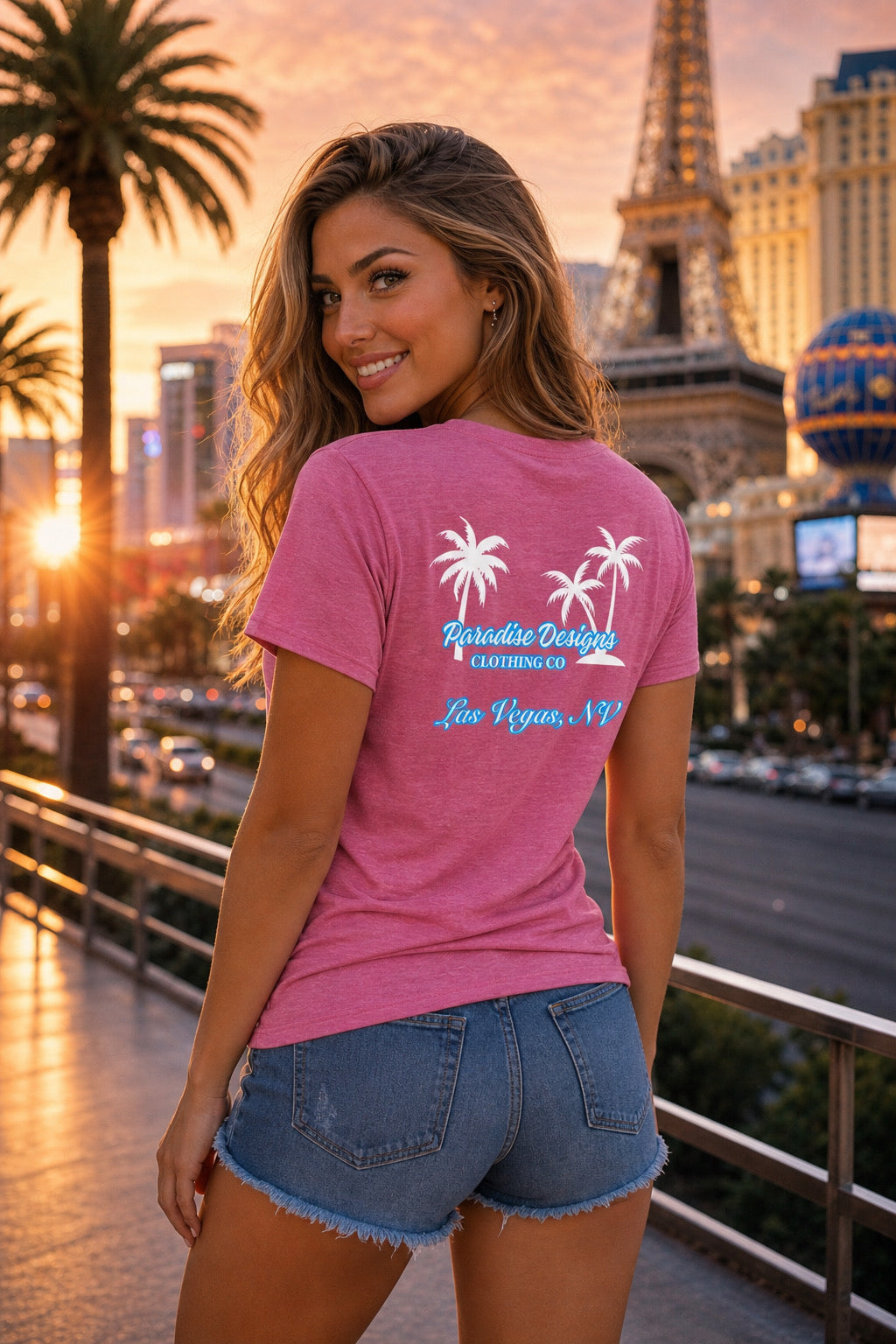 Women's V-Neck Tee - Paradise Las Vegas Blue w/White Palms