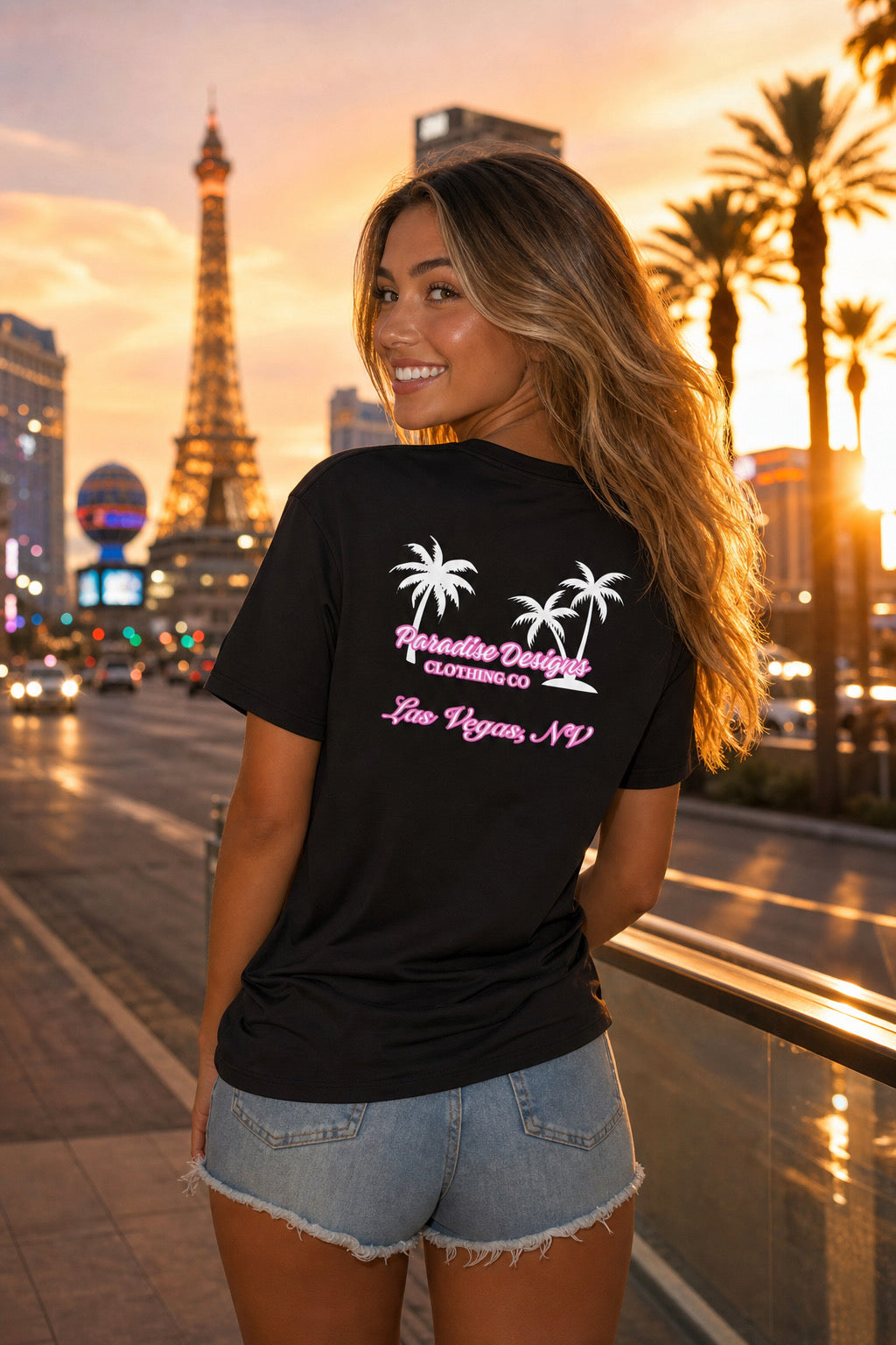 Women's V-Neck Tee - Paradise Pink w/White Palms Las Vegas