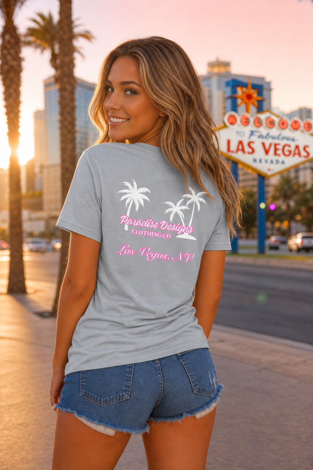 Women's V-Neck Tee - Paradise Pink w/White Palms Las Vegas