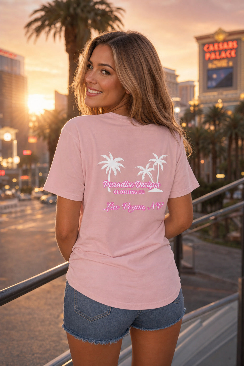 Women's V-Neck Tee - Paradise Pink w/White Palms Las Vegas