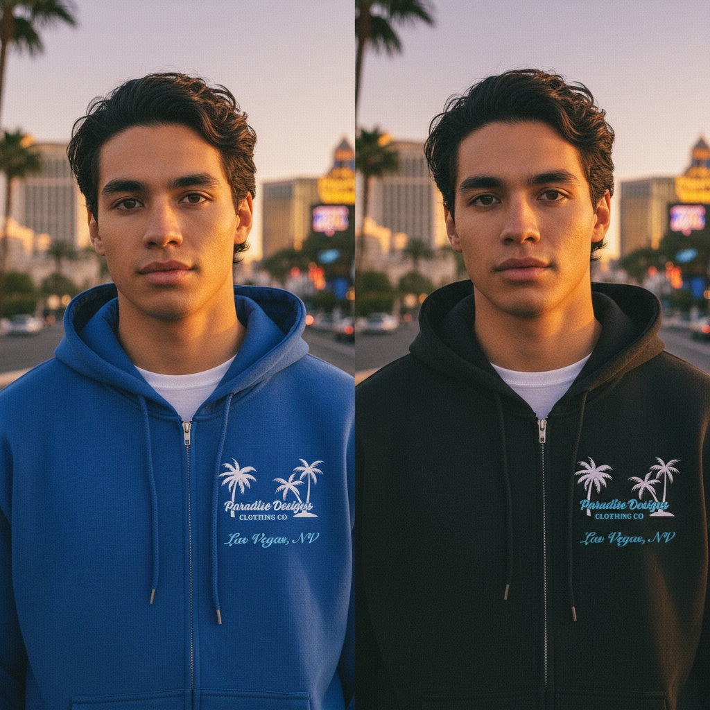 Las Vegas Full Zip Hoodie - Paradise Blue w White Palms  (unisex)