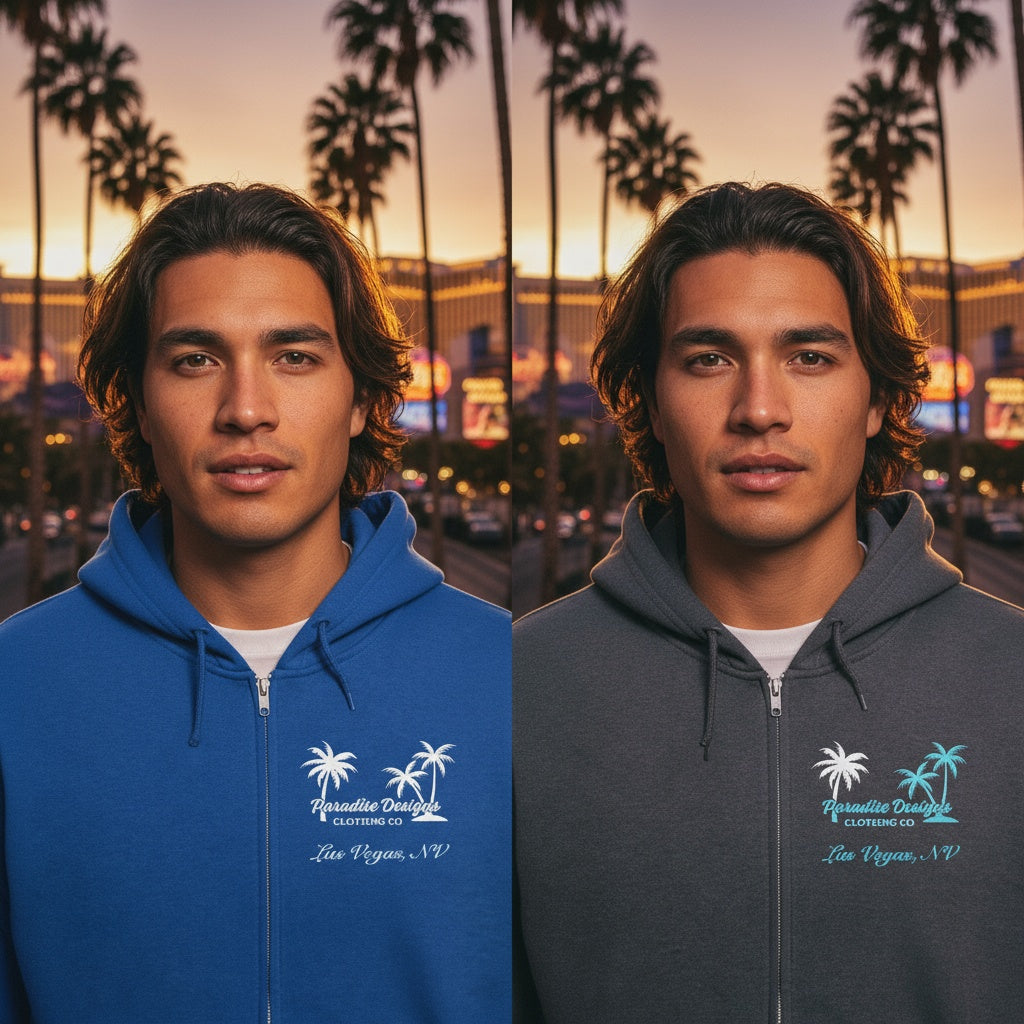 Las Vegas Full Zip Hoodie - Paradise Blue w White Palms  (unisex)