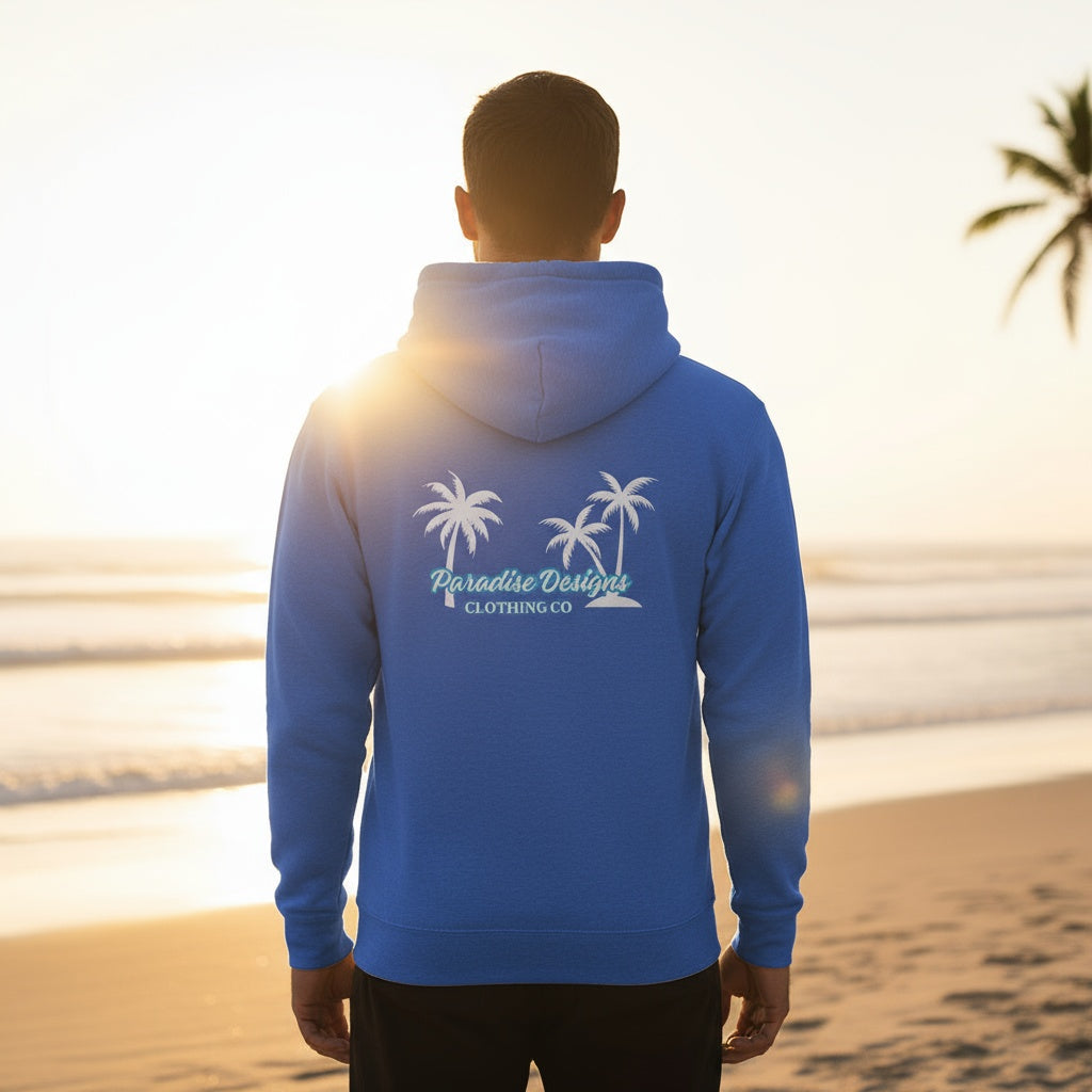 Hoodie - Men's Paradise Blue w White Palms  (unisex)