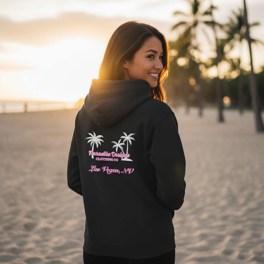 Paradise Hoodie - Las Vegas Pink w/ White Palms