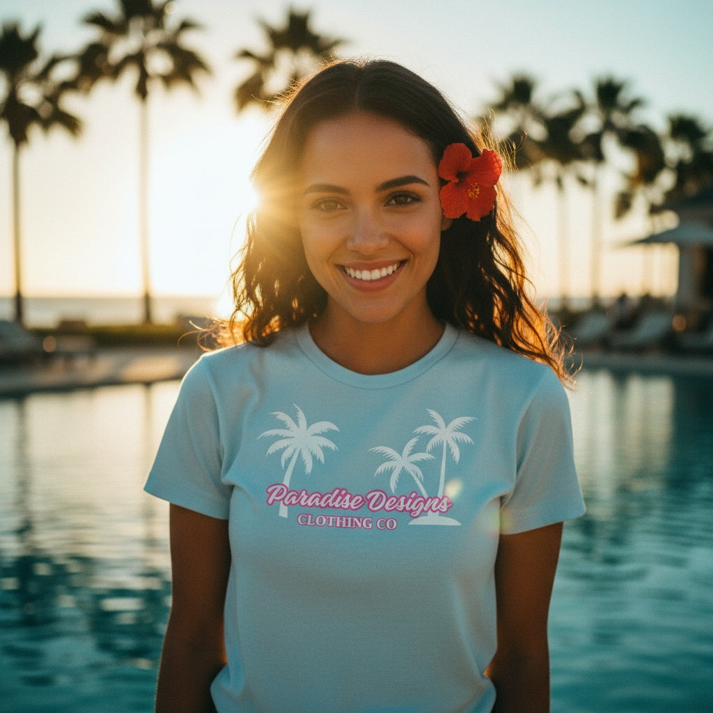 Women's Pink & White Palms T-Shirt - Paradise Designs Clothing Company