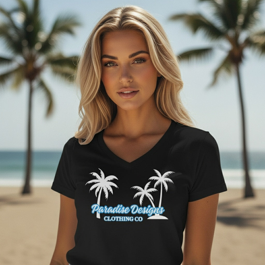 Women's V-Neck Tee - Paradise Designs Blue w White Palms Clothing Co.