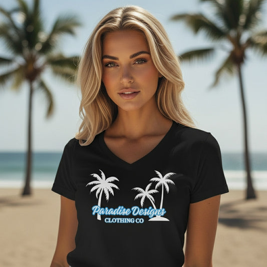 Women's V-Neck Tee - Paradise Designs Blue w White Palms Clothing Co.
