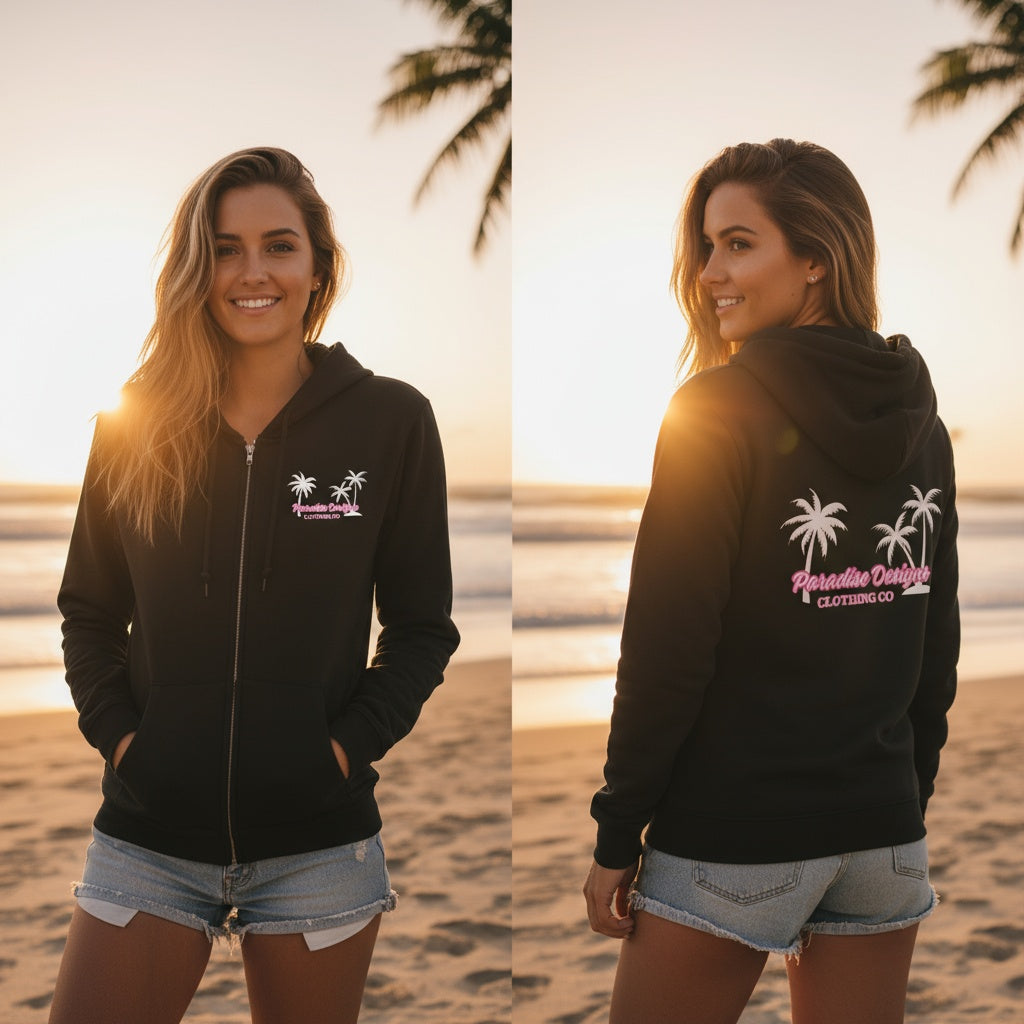 Full Zip Hoodie - Paradise Pink w White Palms