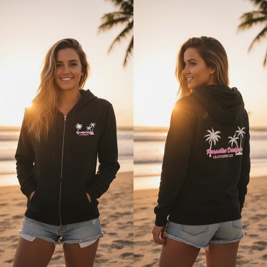 Full Zip Hoodie - Paradise Pink w White Palms