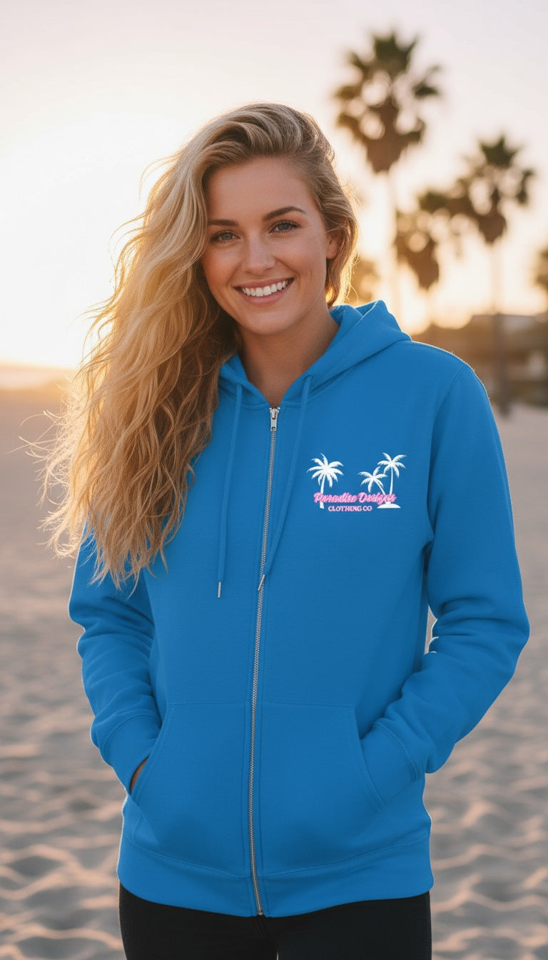 Full Zip Hoodie - Paradise Pink w White Palms