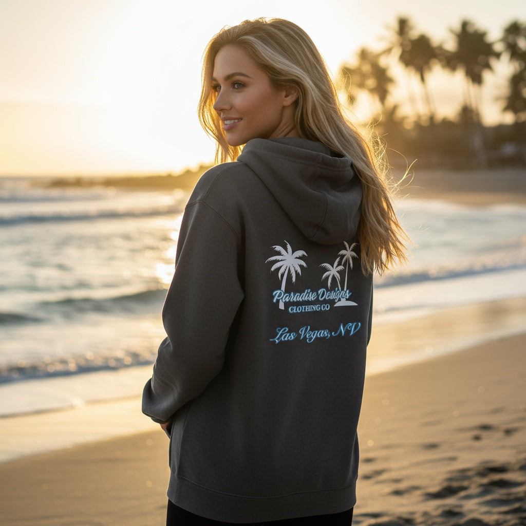 Las Vegas Full Zip Hoodie - Paradise Blue w White Palms