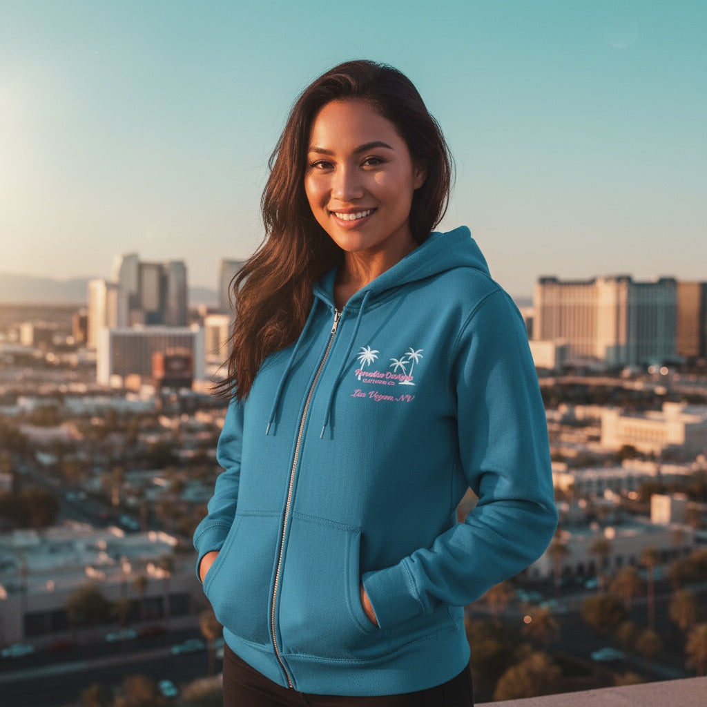 Las Vegas Full Zip Hoodie - Paradise Pink w White Palms