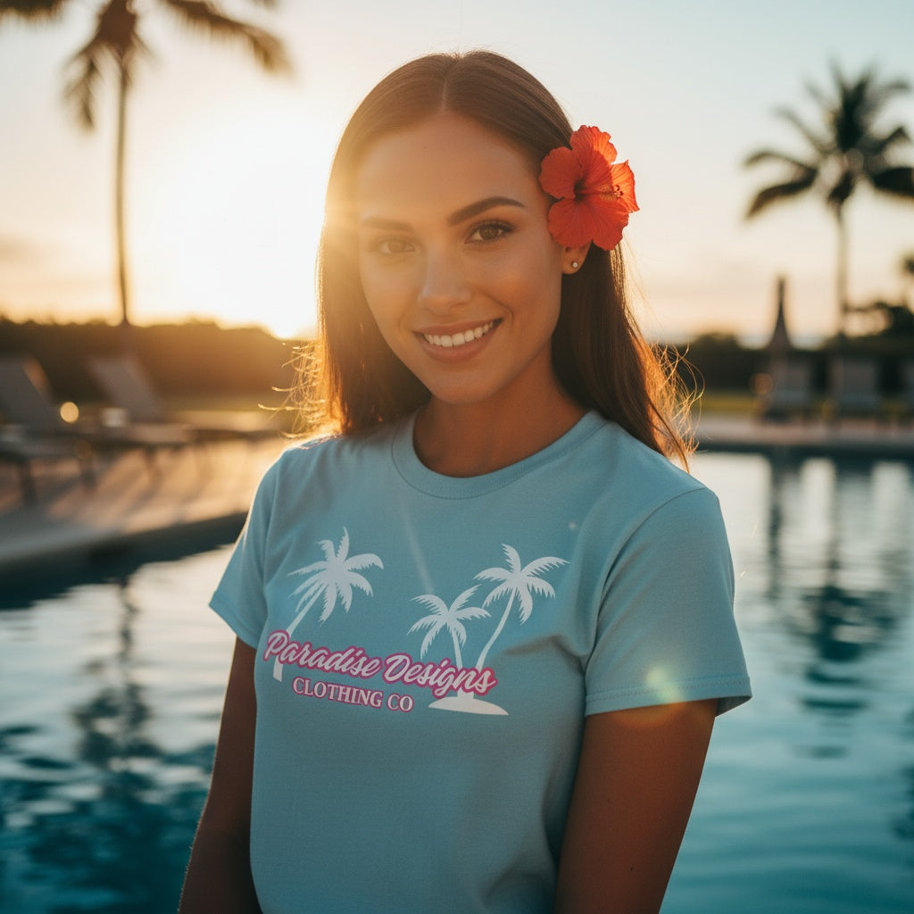 Women's Pink & White Palms T-Shirt - Paradise Designs Clothing Company