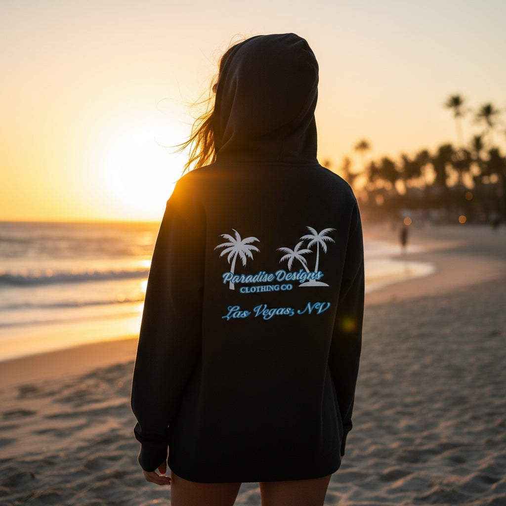 Las Vegas Hoodie - Paradise Blue w White Palms  (unisex)