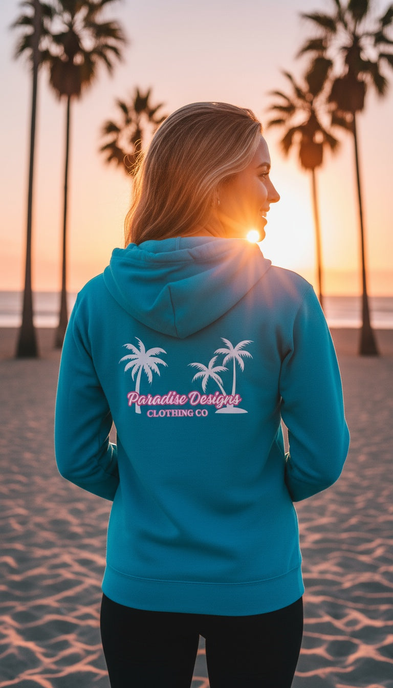 Full Zip Hoodie - Paradise Pink w White Palms