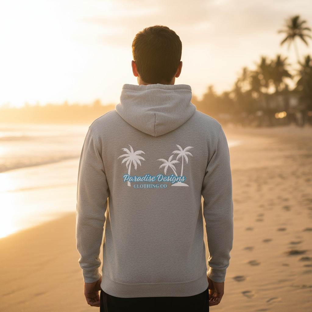 Hoodie - Men's Paradise Blue w White Palms  (unisex)