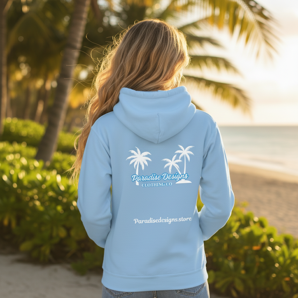 Paradise Designs Hoodie with White Palm Trees - Tropical Pullover Sweatshirt