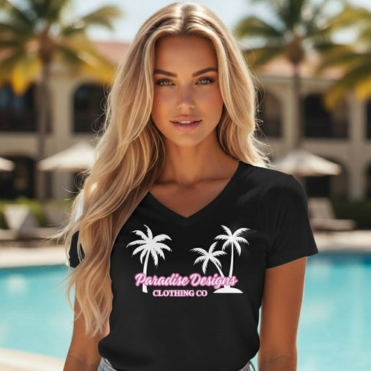 Women's Paradise V-Neck Tee - Pink w White Palms - Paradise Designs Clothing Company