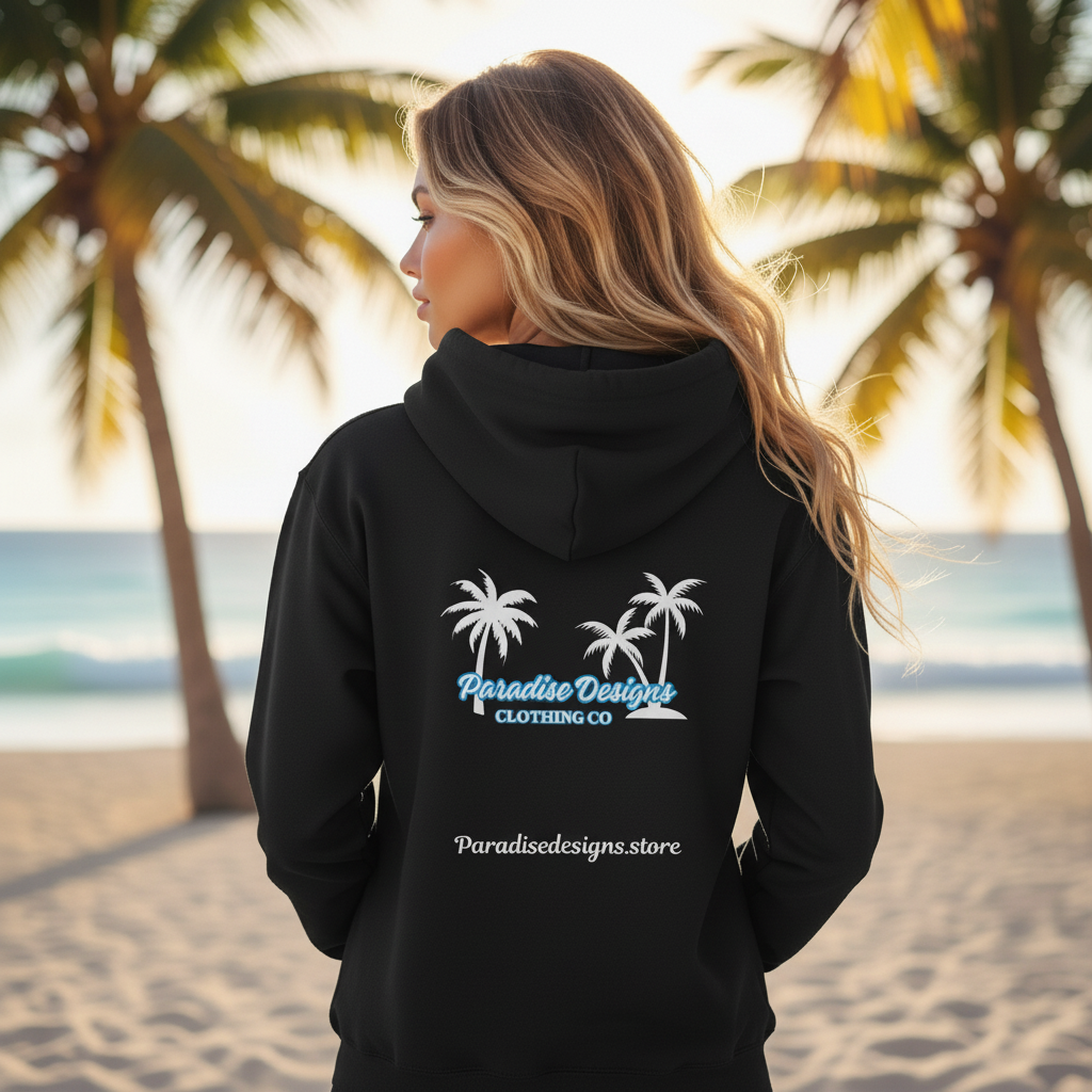 Paradise Designs Hoodie with White Palm Trees - Tropical Pullover Sweatshirt