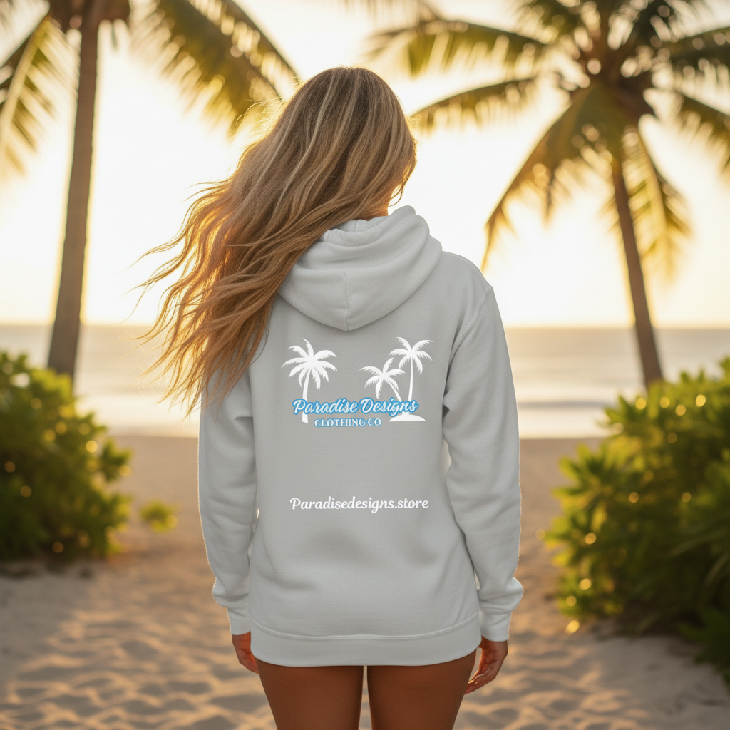 Paradise Designs Hoodie with White Palm Trees - Tropical Pullover Sweatshirt