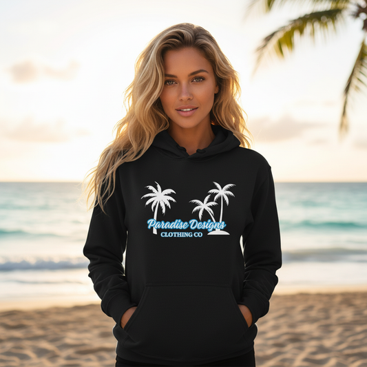 Paradise Designs Hoodie Blue w White Palm Trees - Tropical Pullover Sweatshirt