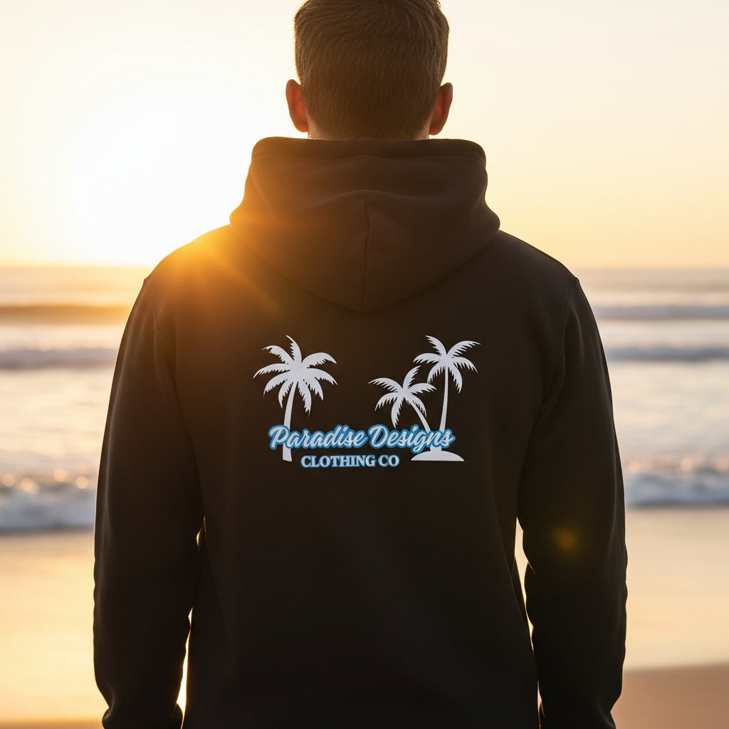 Hoodie - Men's Paradise Blue w White Palms  (unisex)