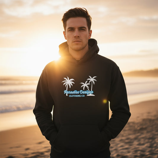 Hoodie - Men's Paradise Blue w White Palms  (unisex)
