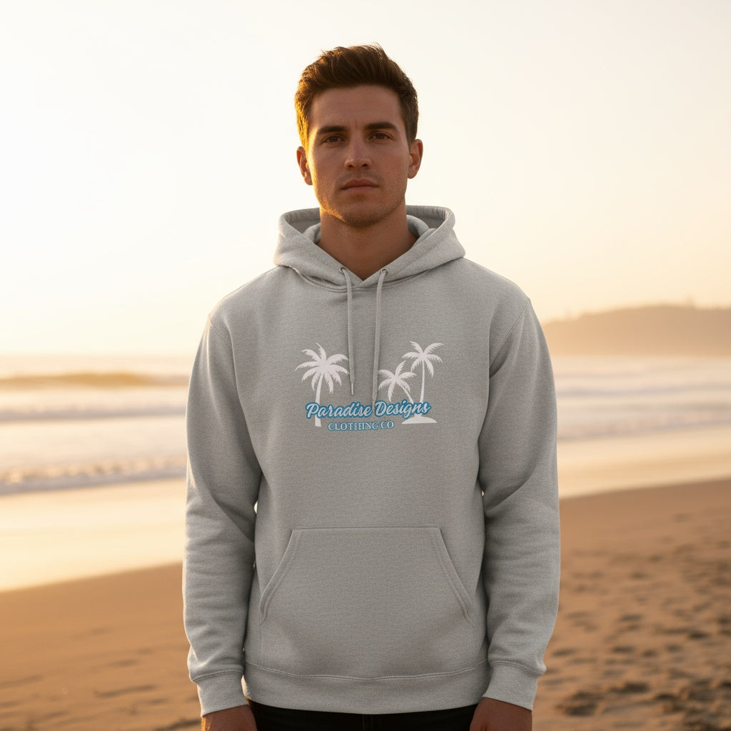 Hoodie - Men's Paradise Blue w White Palms  (unisex)
