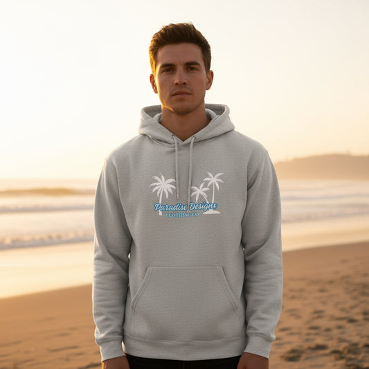 Hoodie - Men's Paradise Blue w White Palms  (unisex)