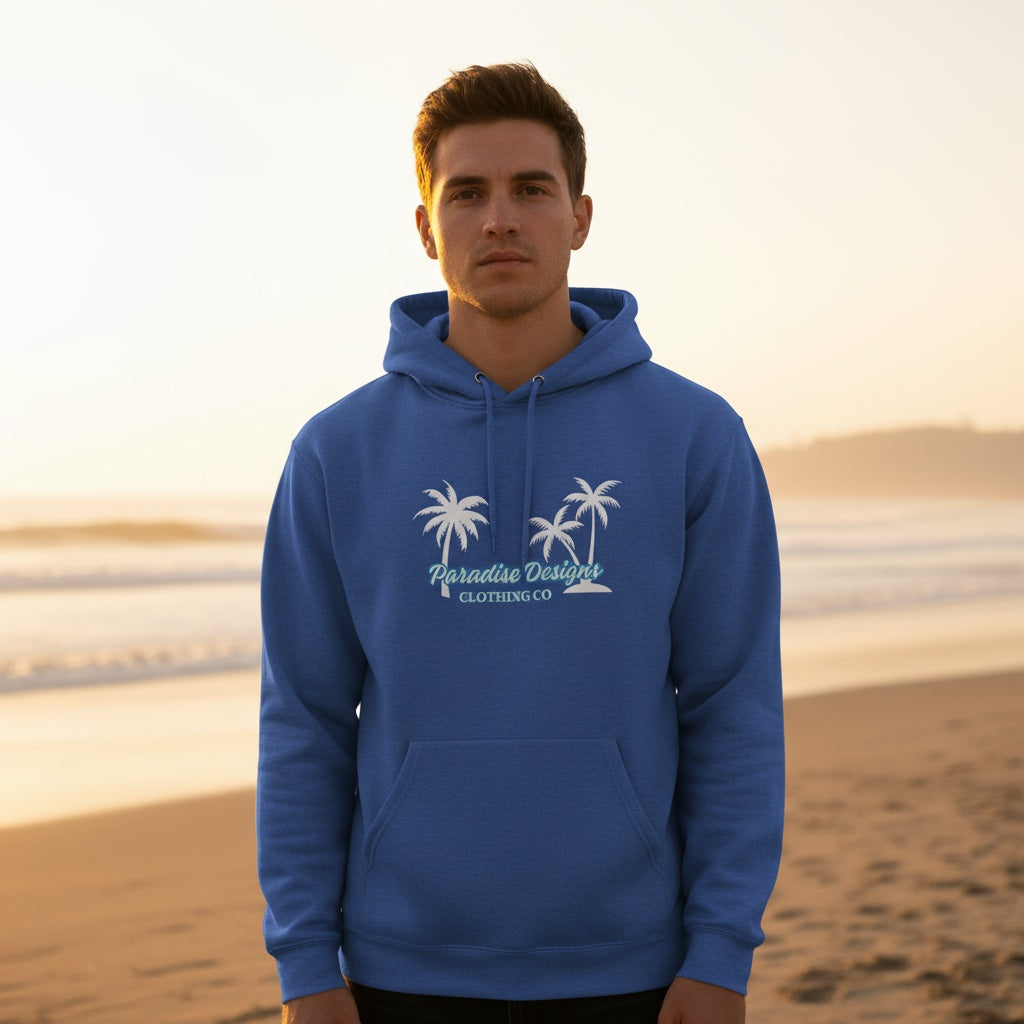 Hoodie - Men's Paradise Blue w White Palms  (unisex)