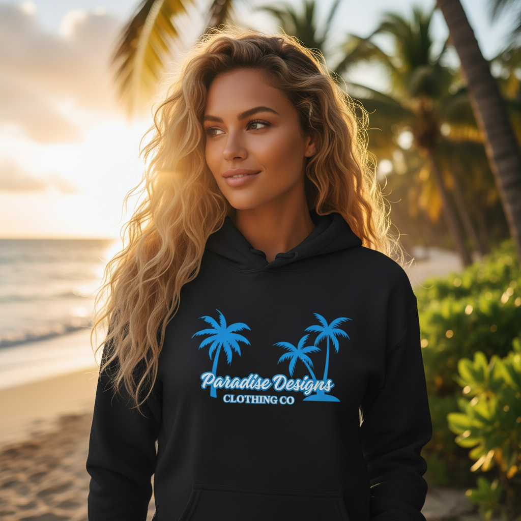 Hoodie - Paradise Designs Hoodie with blue palm trees