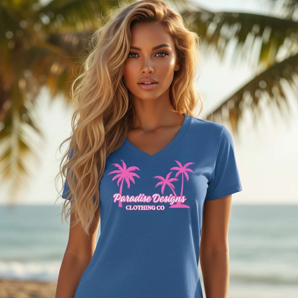 Women's Paradise V-Neck Tee Pink - Paradise Designs Clothing Company