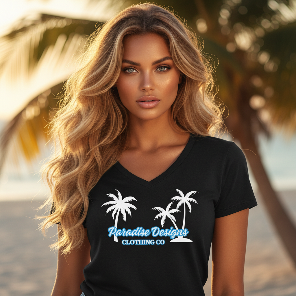 Women's V-Neck Tee - Paradise Designs Blue w White Palms Clothing Co.
