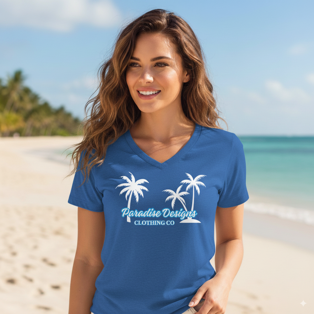 Women's V-Neck Tee - Paradise Designs Blue w White Palms Clothing Co.