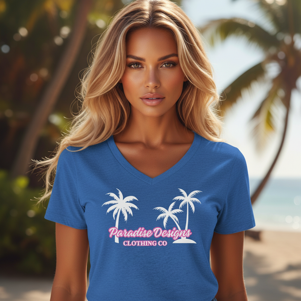 Women's Paradise V-Neck Tee - Pink & White - Paradise Designs Clothing Company