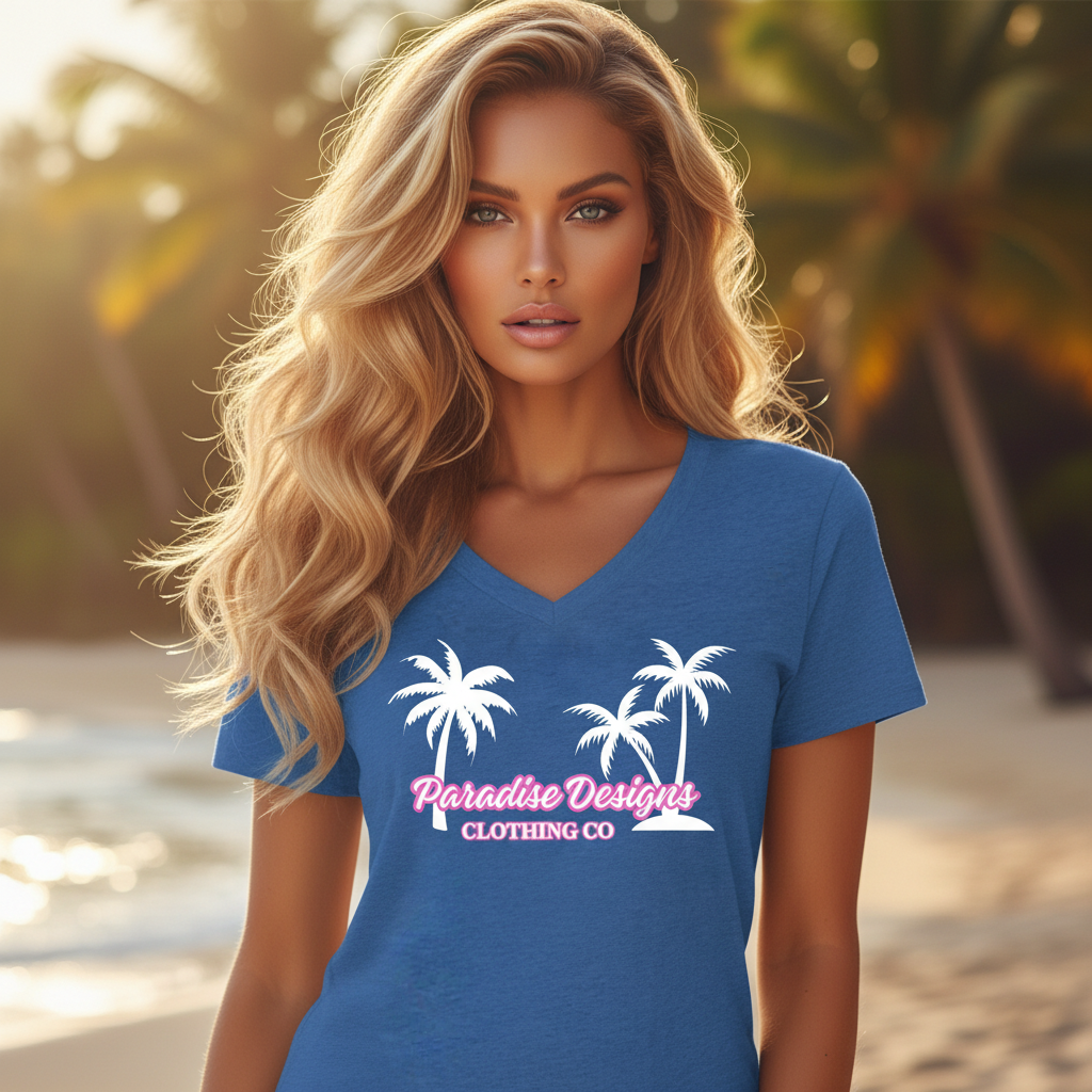 Women's Paradise V-Neck Tee - Pink & White - Paradise Designs Clothing Company