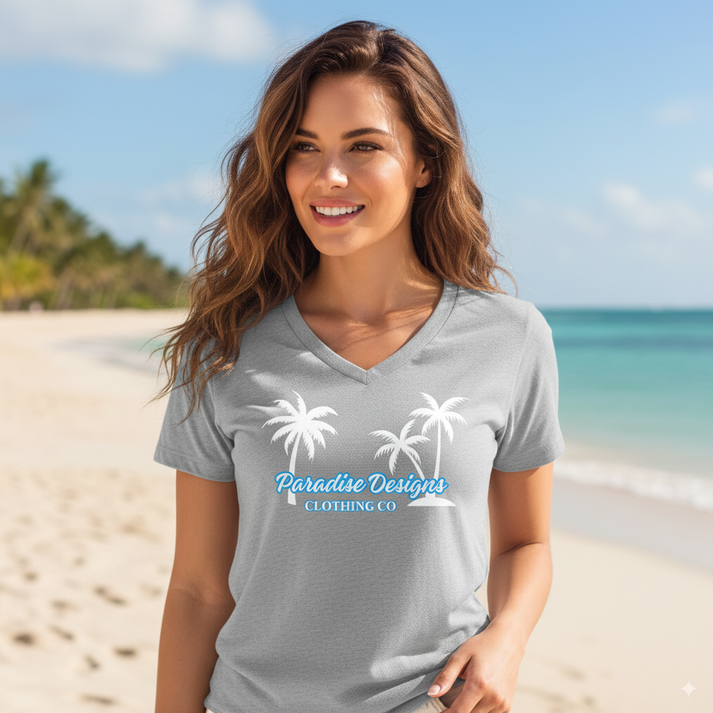 Women's V-Neck Tee - Paradise Designs Blue w White Palms Clothing Co.