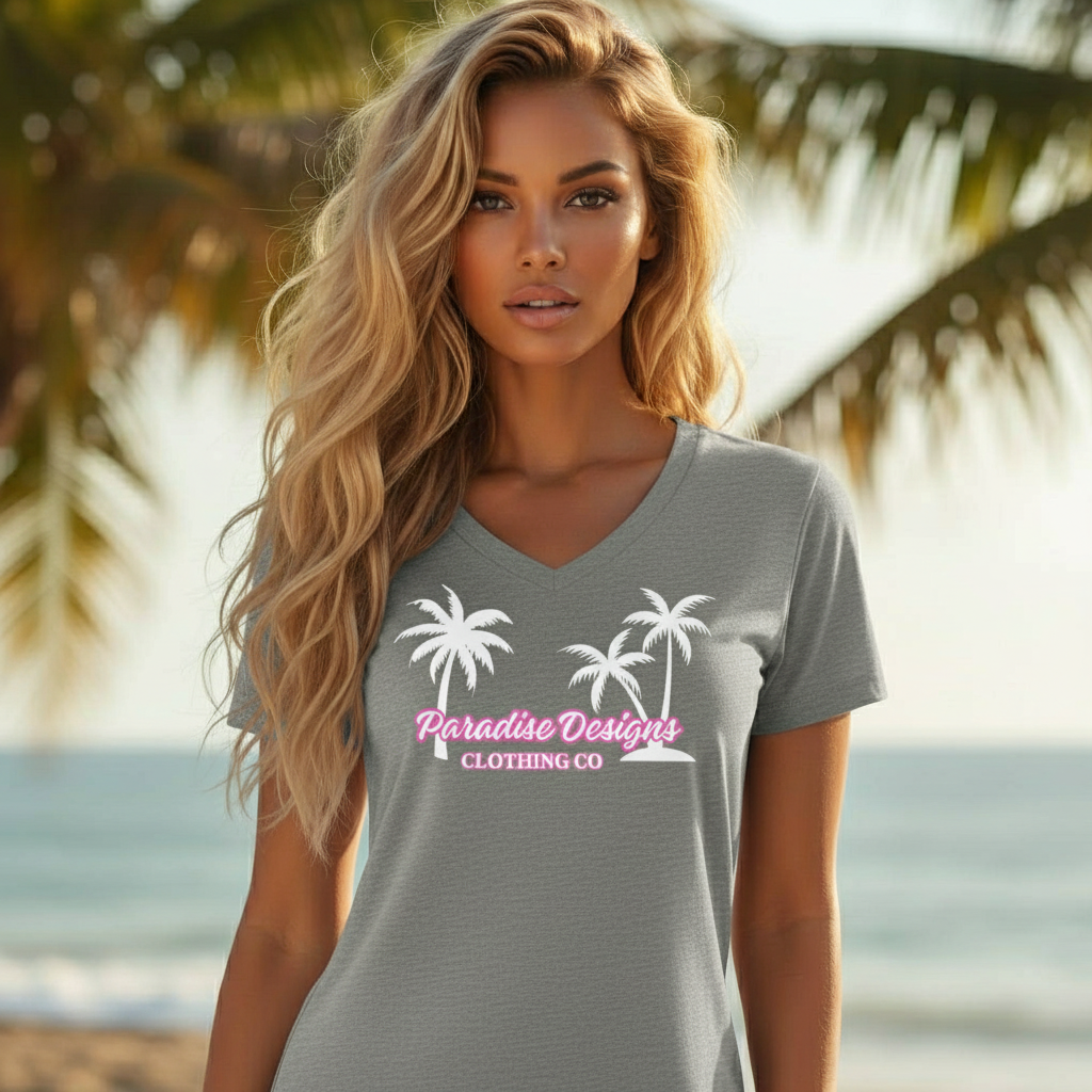 Women's Paradise V-Neck Tee - Pink & White - Paradise Designs Clothing Company